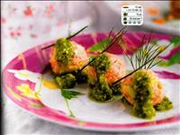 Anteprima di Polpette di salmone e avocado con pesto di basilico al limone